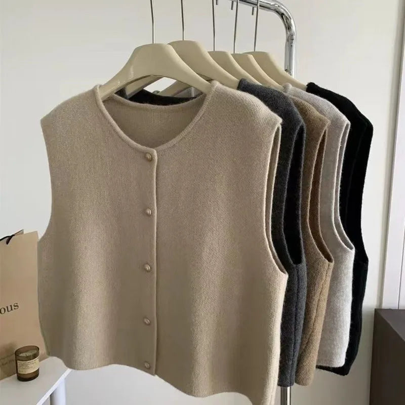 2024 Spring Fall Korean Fashion Round Neck Sweater Vest Solid Color Knitted Tank Top Sleeveless Cardigan Waistcoat Knitwear