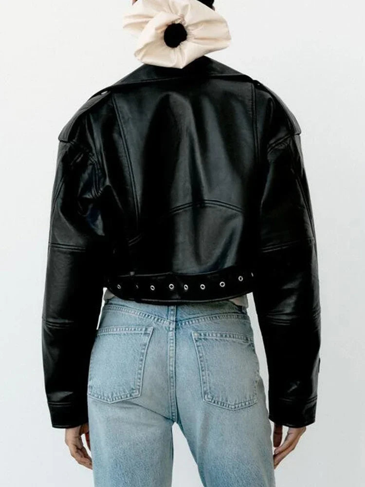 Oversized Vintage Loose Pu Faux Leather Short Jacket with Belt Streetwear Female Zipper Retro Moto Biker Coat Outwear