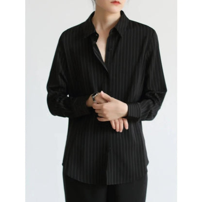 MEXZT Vintage Black Striped Shirts Women Office Long Sleeve Loose Casual Blouses Lady Korean Fashion Elegant Chic All Match Tops