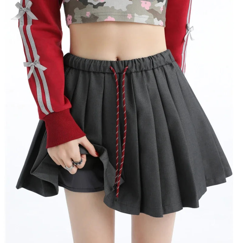 Kpop Drawstring Suit Pleated Skirt for Women Autumn Casual High Waisted Mini Skirt Women Preppy Style Slim Fit A-line Tennis Skirt