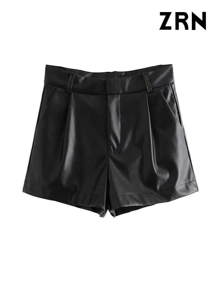 ZRN-Women's Faux Leather Shorts with Side Pockets, High Waist, Zipper Fly, Female Short Pants, Chic Fashion