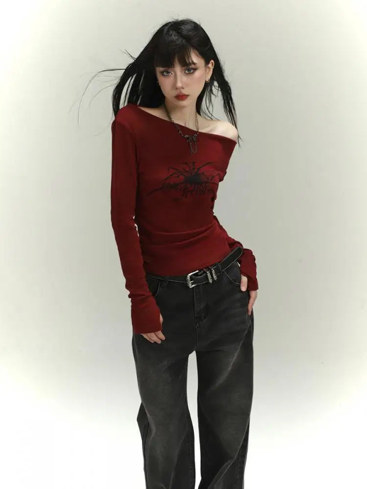Tawaaiw Gothic Burgundy Print T Shirt Women Long Sleeve Off Shoulder Slim Vintage Grunge Aesthetic Tee Shirt Femme Y2k Tops Chic