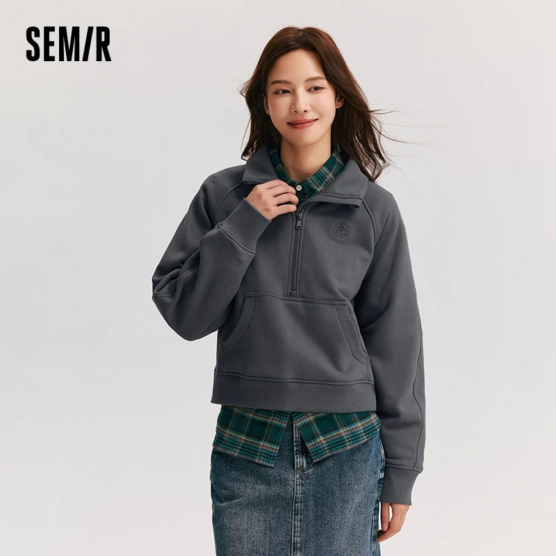 Semir Sweatshirt Women Insert Shoulder Sleeve Stand Collar Retro Simple Versatile Winter ins Trendy Fleece Pullover Sweater