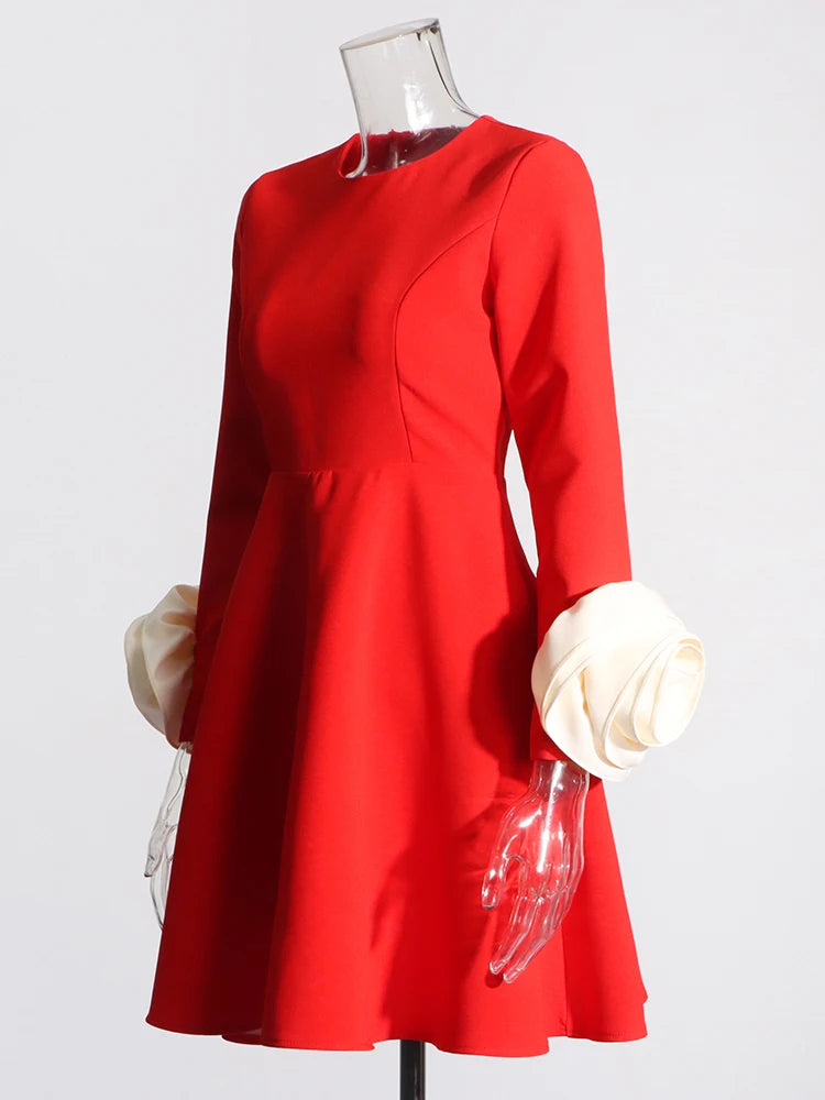 TWOTWINSTYLE Hit Color Temperament Dresses For Women O Neck Long Sleeve High Waist Patchwork Appliques Dress Female  Clothes New