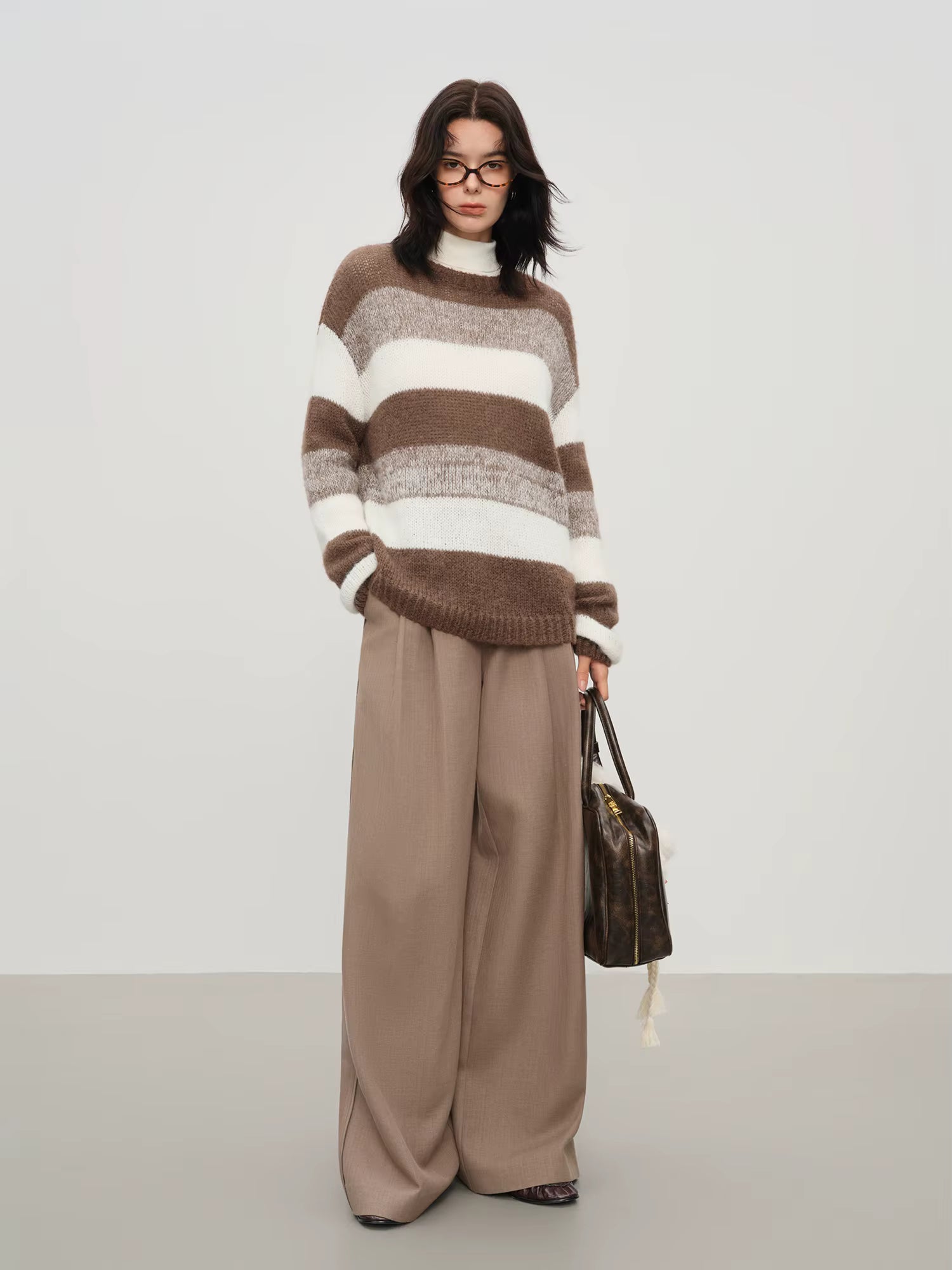 Winter 2025 Women's Mohair Knit Sweater - Striped Round Neck Soft Pullover Top with Cozy Comfort for Casual Elegance