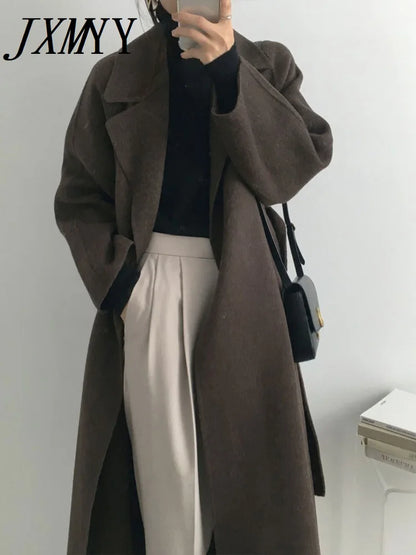 JXMYY French Lazy Style Warm Female Fresh Winter 2024 Classical Belt Retro Loose Women Woolen Coats Chic Casual Long Coat Long