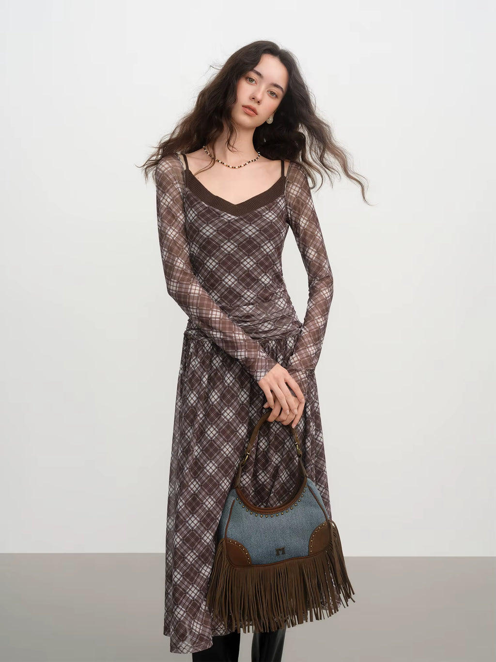 Elegant Women's Vintage Plaid Pleated Faux Two Piece Slimming Fitted Dress for Winter 2025 New High Waist Travel Dresses