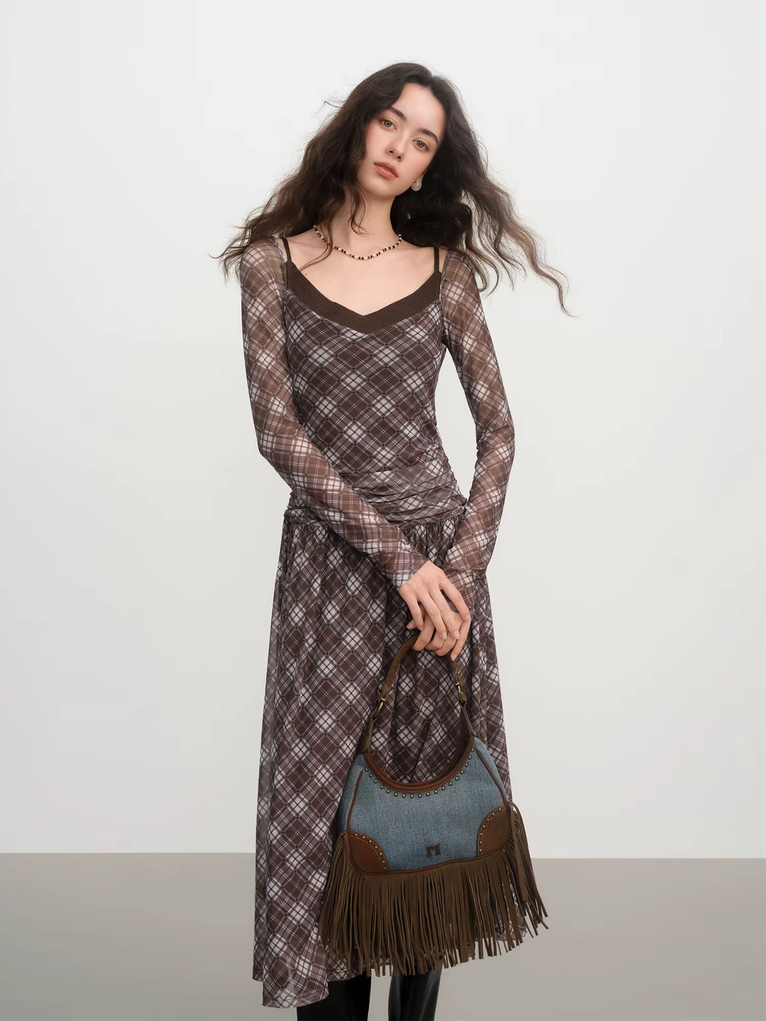 Elegant Women's Vintage Plaid Pleated Faux Two Piece Slimming Fitted Dress for Winter 2025 New High Waist Travel Dresses