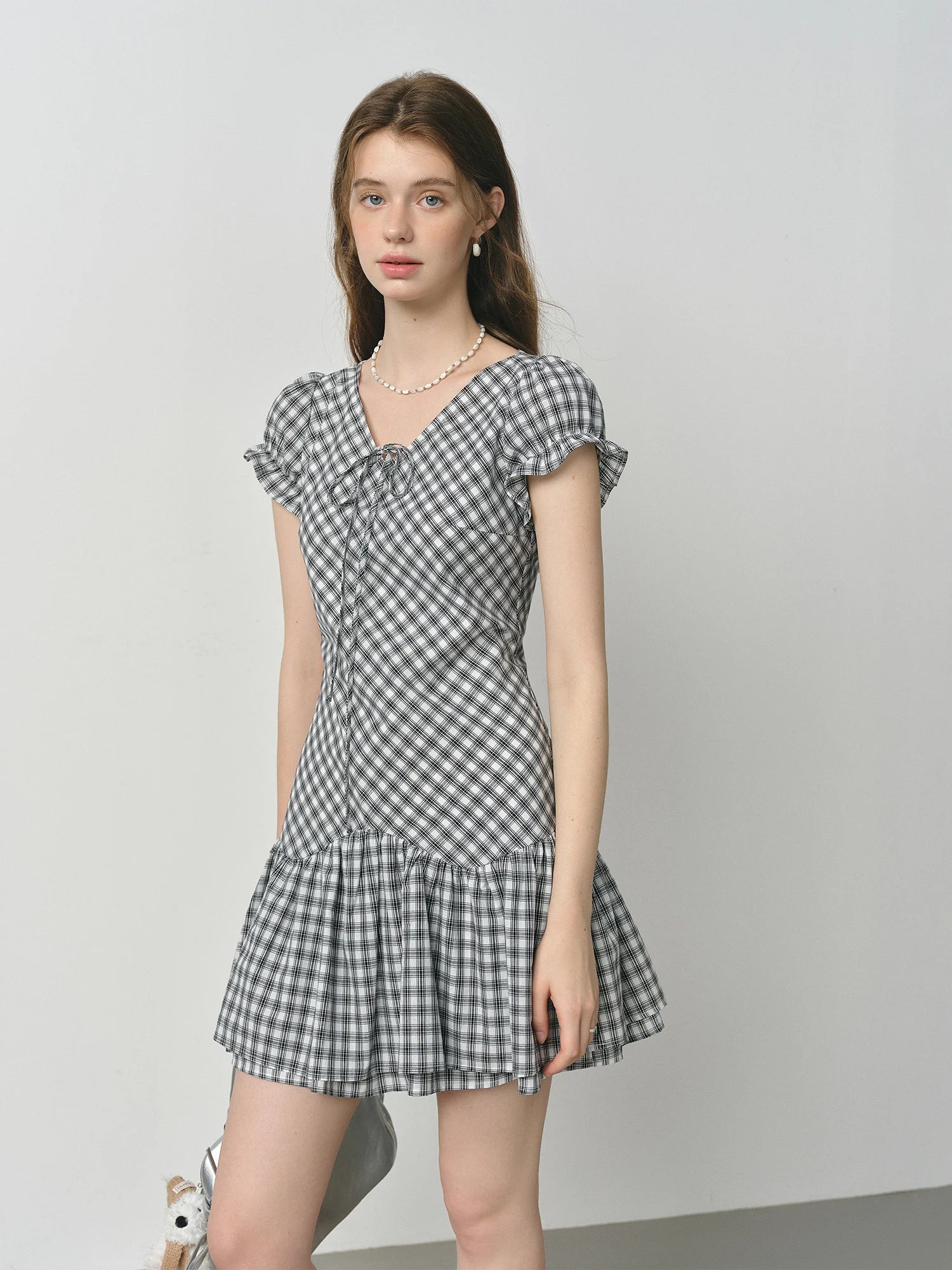 FSLE 2025 Summer Plaid Dress - Black White Textured Ruffle V-Neck Short Flattering Silhouette Office to Party