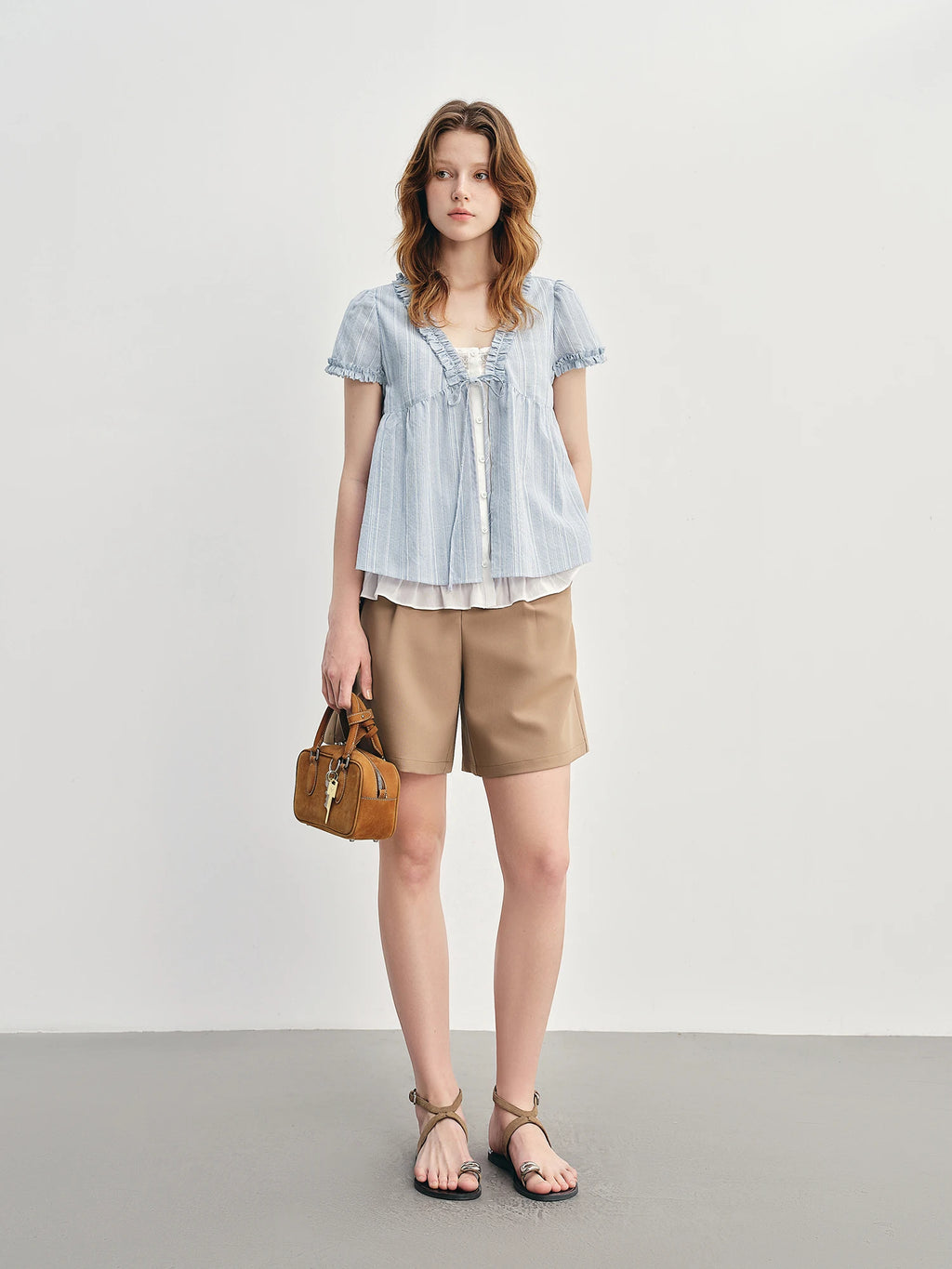 DUSHU Ruffled Fake Two-piece Shirt 2025 Summer New Striped Blue Top Shirt