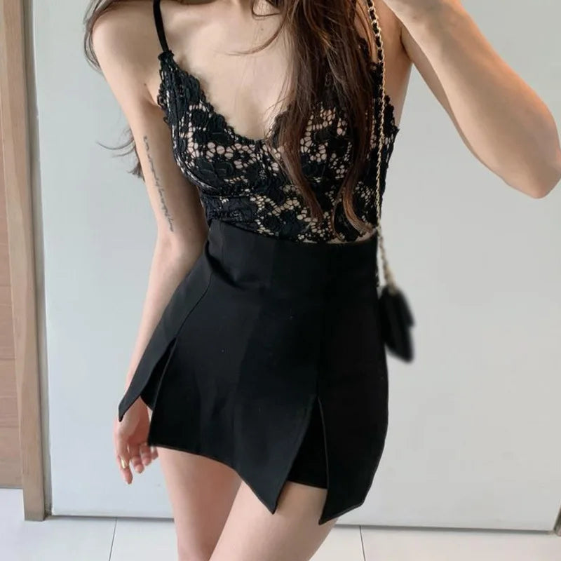 Korean Style Skirt Suit Hakama Sexy Skinny Super High Waist Double Slit