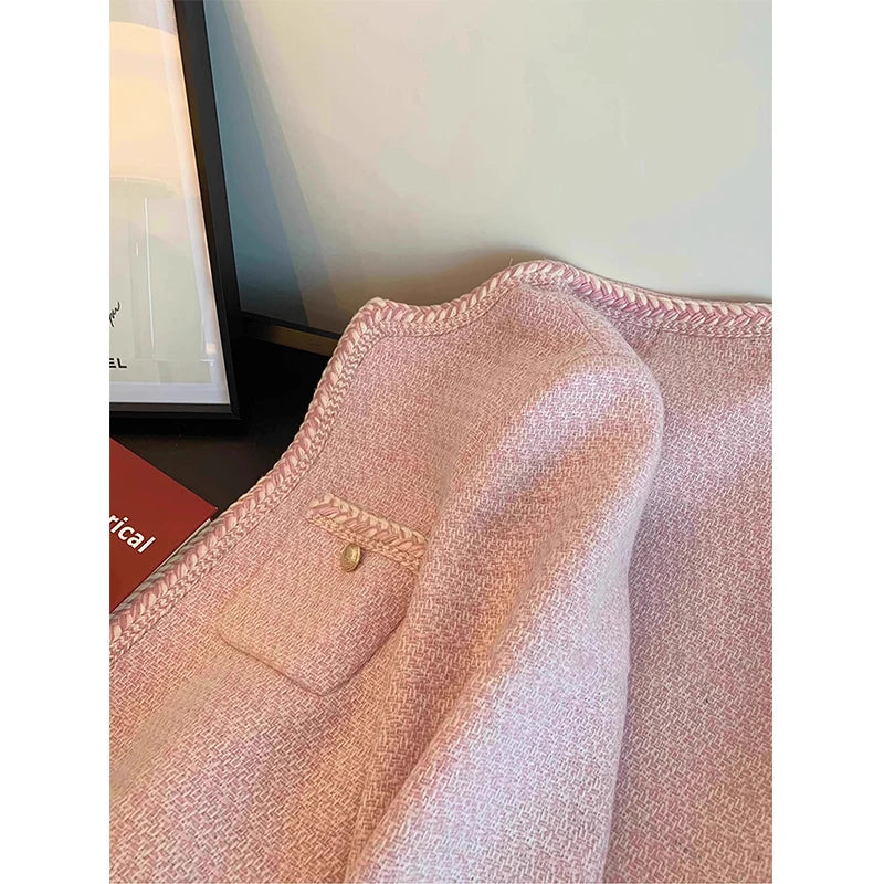 MEXZT Elegant Tweed Jacket Women Sweet Cropped Pink Coat Winter Korean Single Breasted Blazer Ladies Vintage Short Outerwear New
