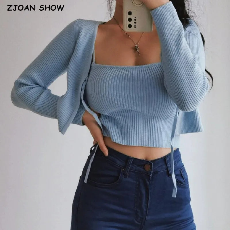 Kpop 1 Set Spring Korea Style Vintage Ribbed Knitted Cardigan Tank Top V neck Bandage Tie Bow Sweater Jumper Knitwear 4 Colors