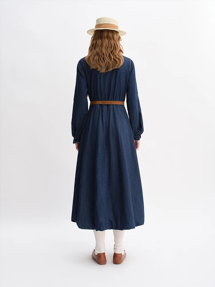 DUSHU Autumn 2025 Women's Denim Dress - Elegant Bouffant Hem Flowy Maxi Dress Casual Daily Wear Empire Waist
