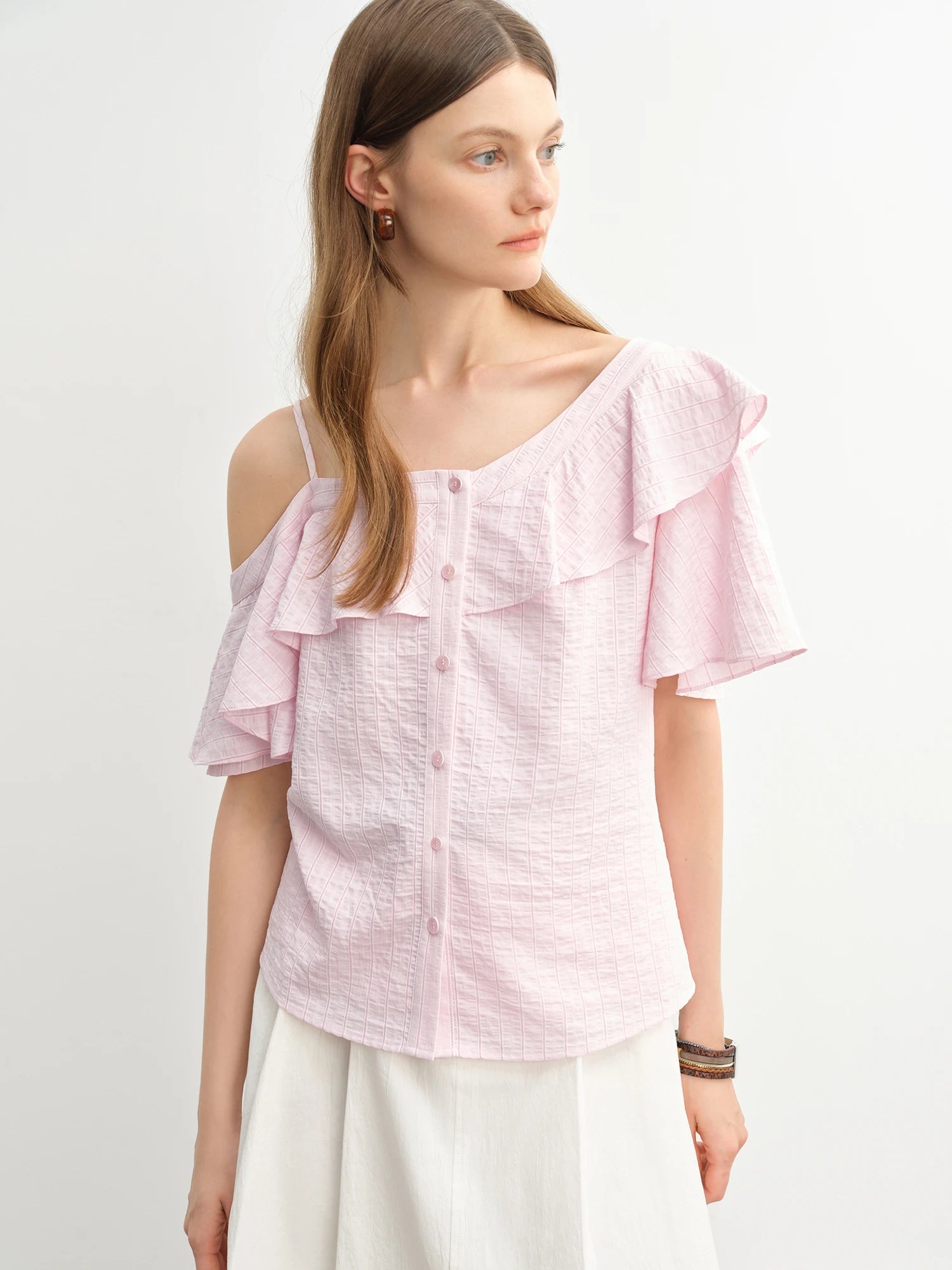 DUSHU 2025 Summer New Style Plus Size Women's Asymmetric Off-Shoulder Ruffled Shirt for Plus-Size Girls Blouses Tops