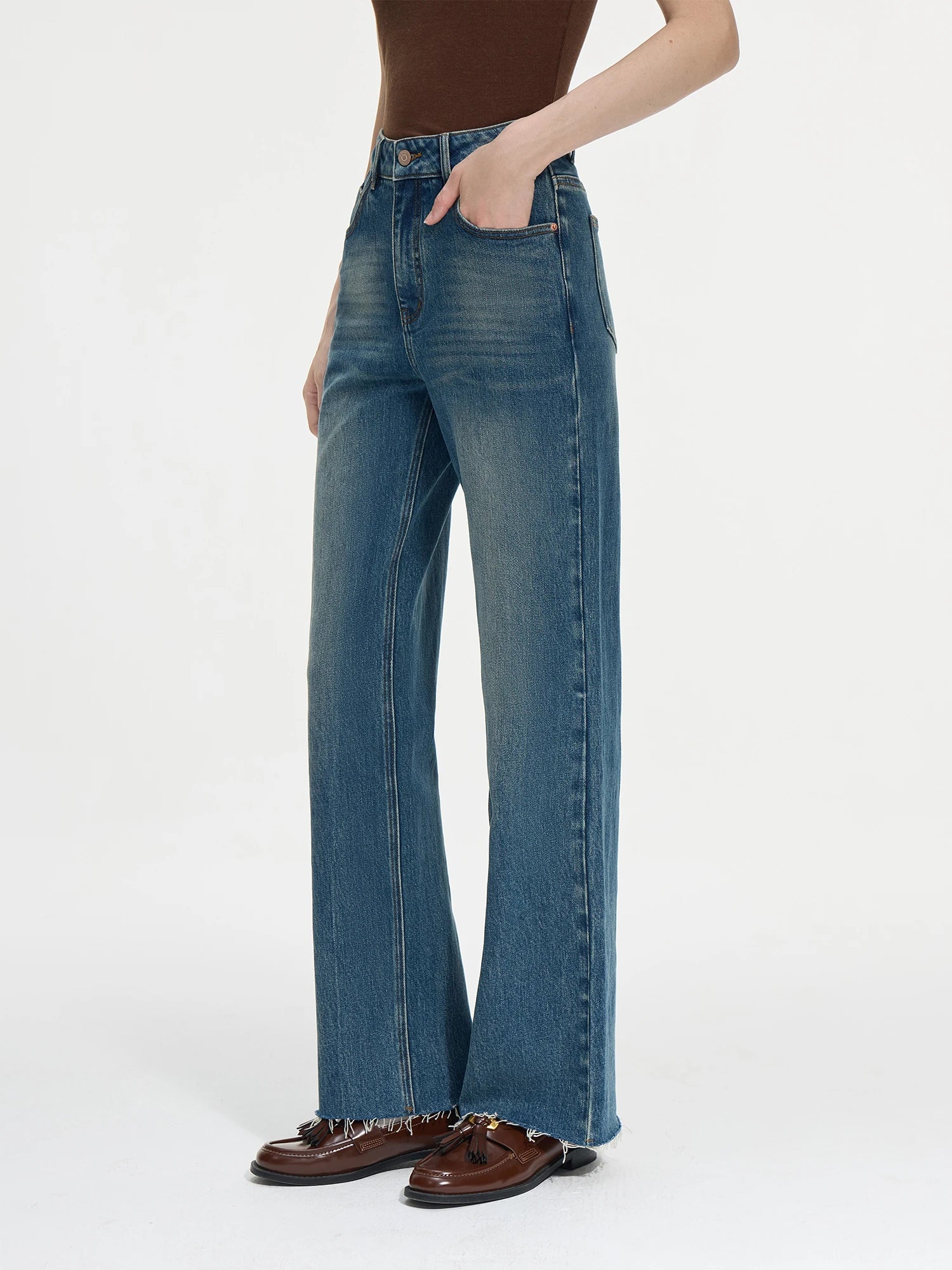 FSLE Office Lady Retro Fringed Mid Rise Straight Leg Mop Jeans 2024 Winter New Versatile Women Casual Loose Pants 24FS14298