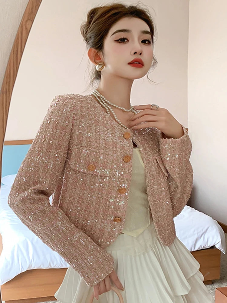 High Quality Autumn Tweed Jacket Women Sequined Long Sleeve O-Neck Short Coats Crop Top Korean Fashion Outerwear Streetwear