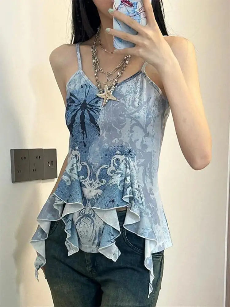 Sleeveless Blue Print Tank Y2k Vintage Camis 2000s Japanese E Girls Tee Irregual Tank Tops Summer