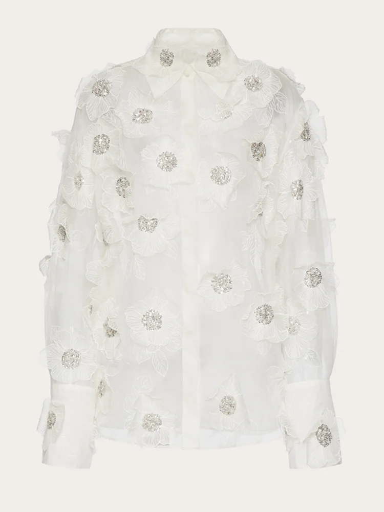 VGH Patchwork Appliques Solid Casual Blouses For Women Lapel Long Sleeve Spliced Sheer Mesh Temperament Loose Shirts Female New
