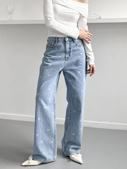 Women Light Blue Jeans Pant Korean Baggy Bow Decorated High Waisted Straight Leg Long Pant Female Casual Printed Button Trousers