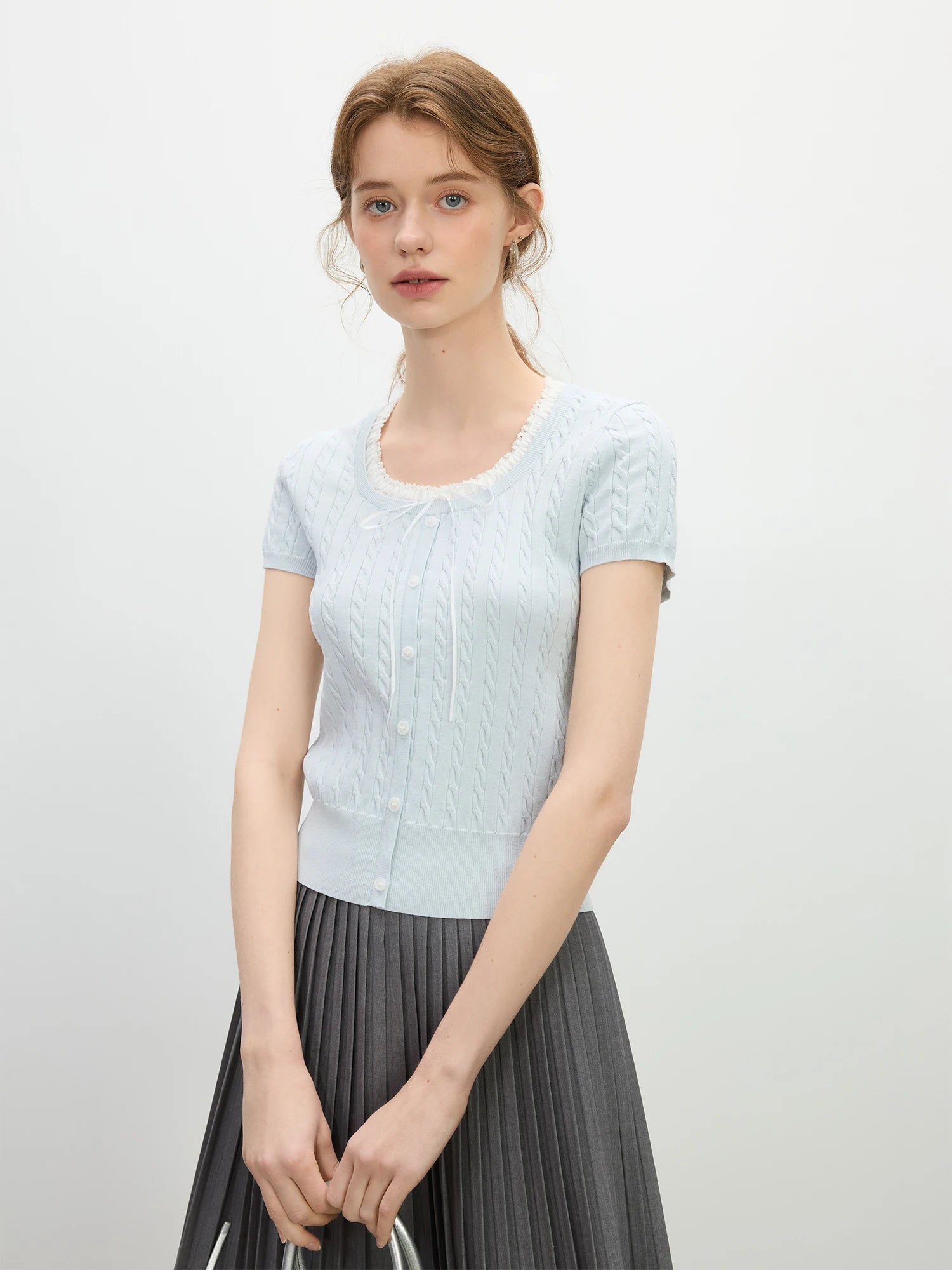 FSLE Youthful Cable Knit Two-Piece Top 2025 Summer Lace Trim Collar Slim Fit Day to Night Outfit Casual Loose Tops