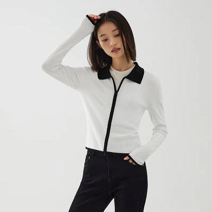 Semir Knit Cardigan Women Short Contrast Color Lapel Top Gentle Short Lady Autumn Slim Versatile Simple Clothing