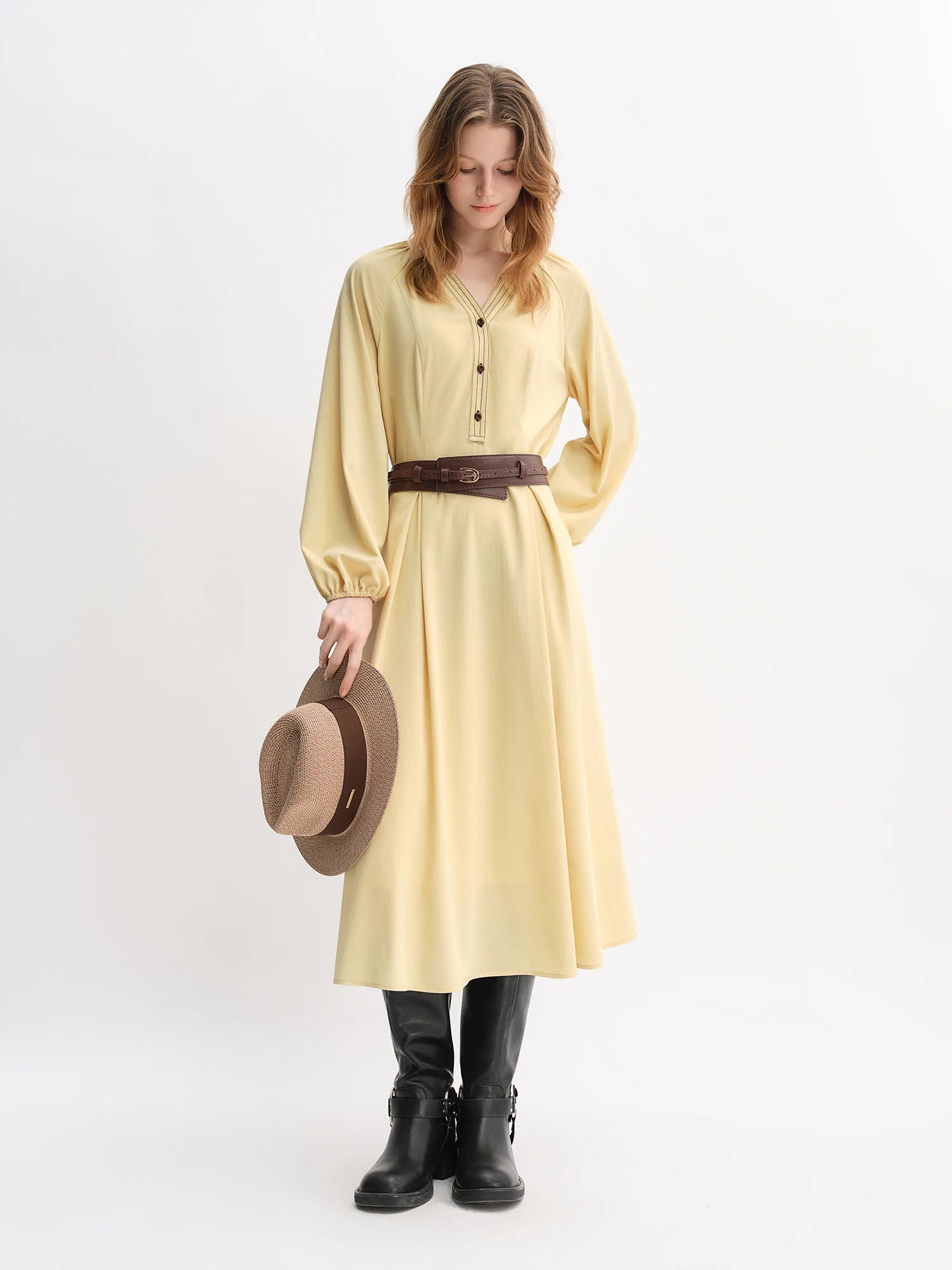 DUSHU Plus Size Women's Apple-shaped Color-blocked Oversized Long Sleeve Dress Autumn 2025 New Arrival Office Casual