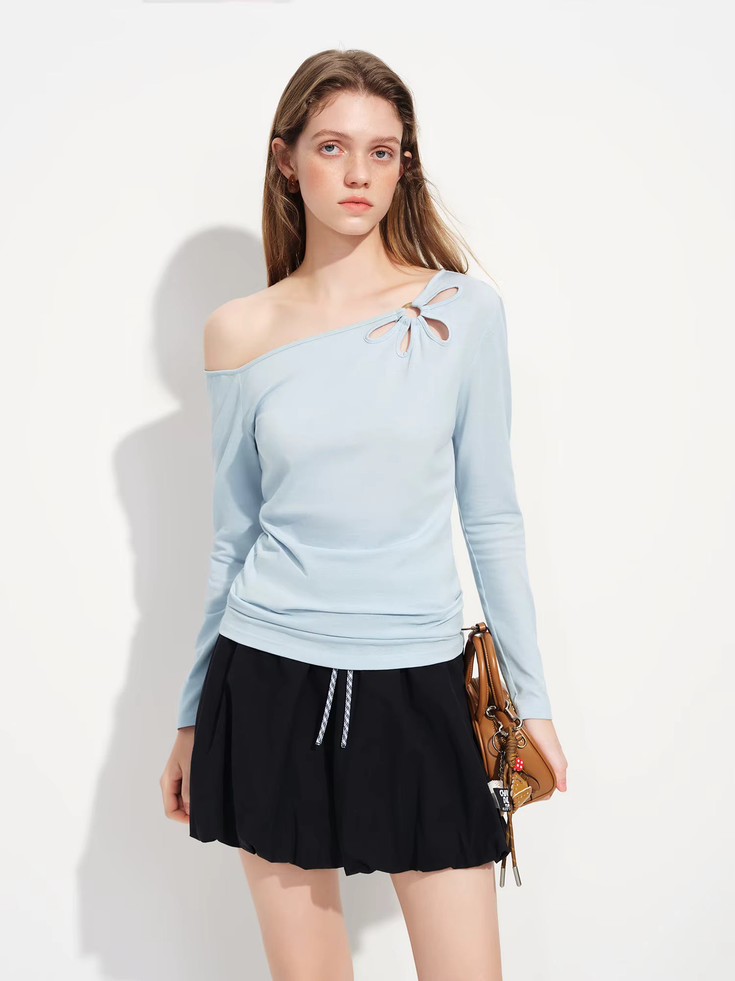 Sweet Off-Shoulder Cut-Out Design Linen Blend Long-Sleeve T-Shirt Spring 2026 New Arrival Skew collar Cotton Tops