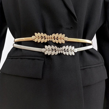 Fashion Elastic Gold Chain Belts For Women High Quaity Luxury Female Waist Silver Metal Corset Belt Stretch Cummerbunds leaf