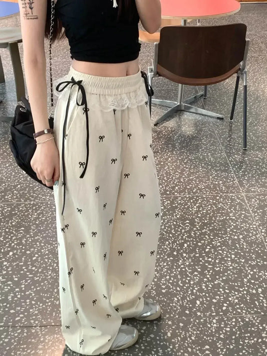 College Chic Cute Bow Knot Full Printed Pants White Lace Patchwork Sweet Ladies Casual Trousers Summer Loose Straight Long Pants