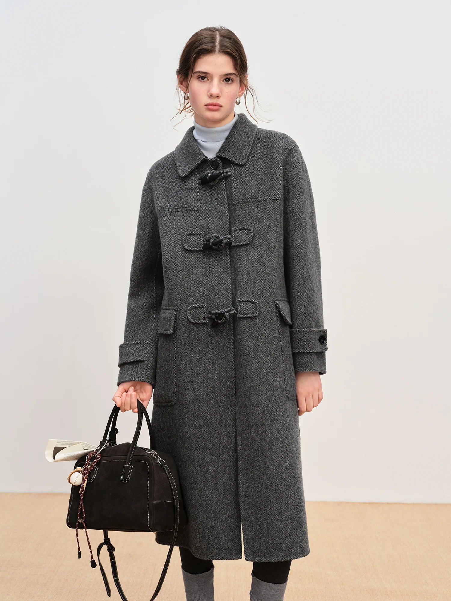FSLE Retro Academic Herringbone Double-Faced Tweed Coat for Women Winter 2025 New Arrival Oversized Jacket Outerwear Blends