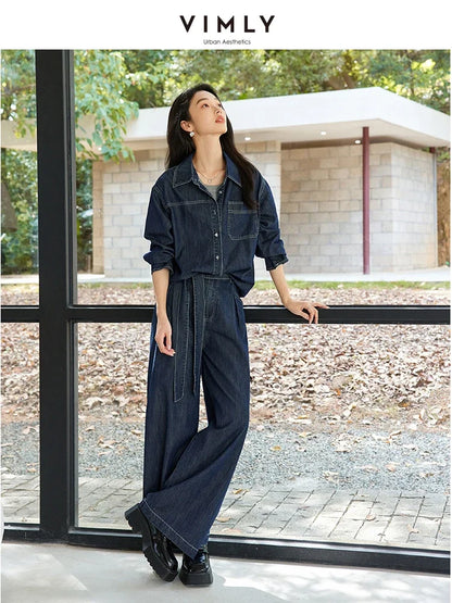 VIMLY Women's Office Lady Denim Pants Set Autumn Lapel Jacket Coat+ Casual Wide Leg Pants WithBelt Simple Loose StreetwearSuits