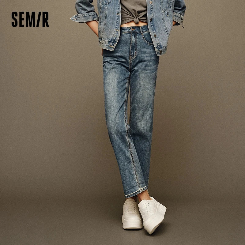 Semir Jeans Women Distressed Long Trousers 2024 New Winter Fleece Straight-Leg Trousers