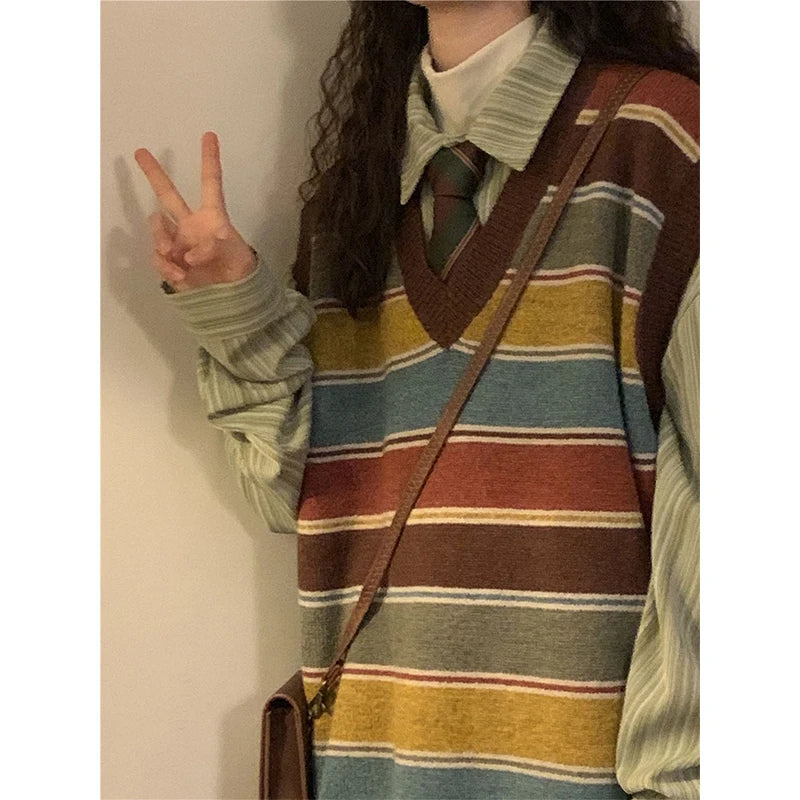 Vintage Striped Sweater Vest Women Harajuku Sleeveless Knitted Pullovers Streetwear Oversized Waistcoat Knitwear Korean Jumpers