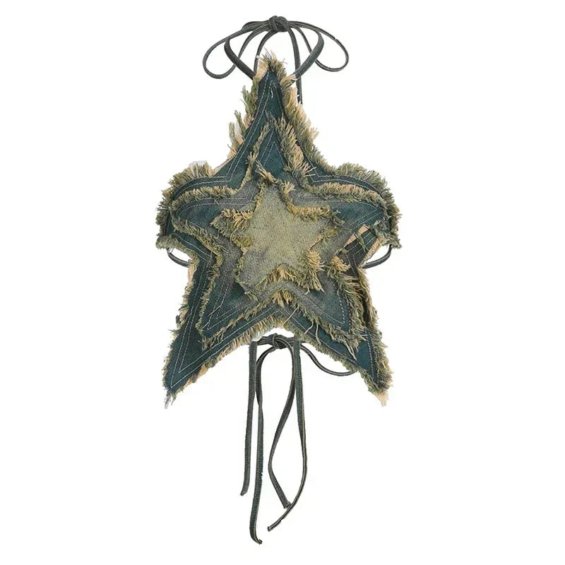 Distressed Star-shaped Crop Top Stitched Y2k Grunge Tie-up Backless Corset Tops Women Summer Streetwear Denim Shirts 90s