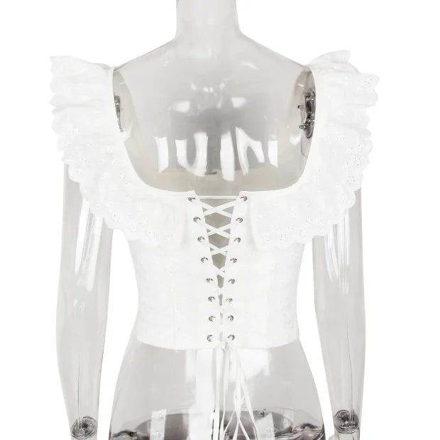 Romantic White Ruffled Square Neck Corset Top