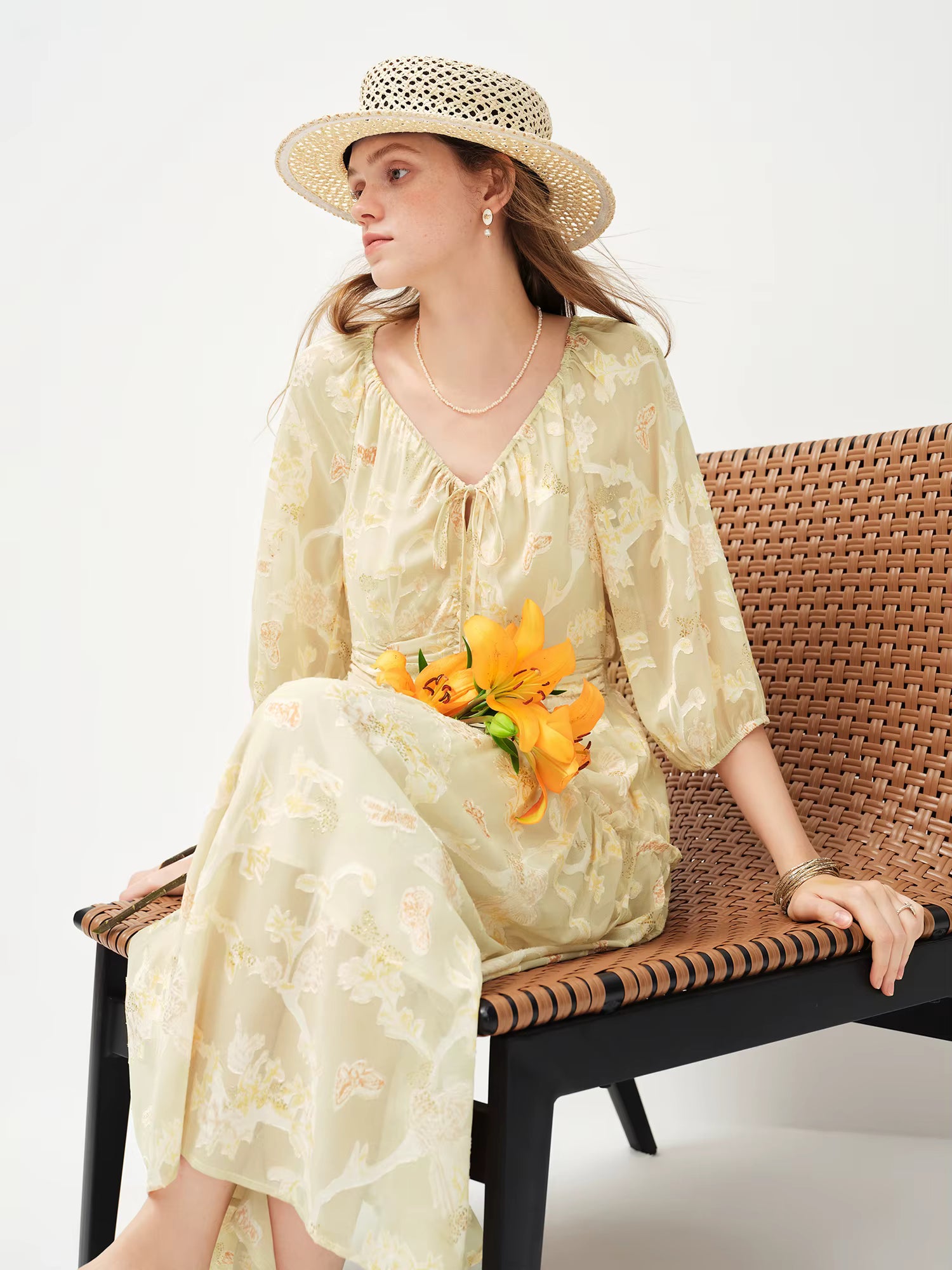 2026 Spring Women's Ethereal Textured Floral Embroidered Dress - Lily of the Valley Inspired Mid-Length Midi for Spring