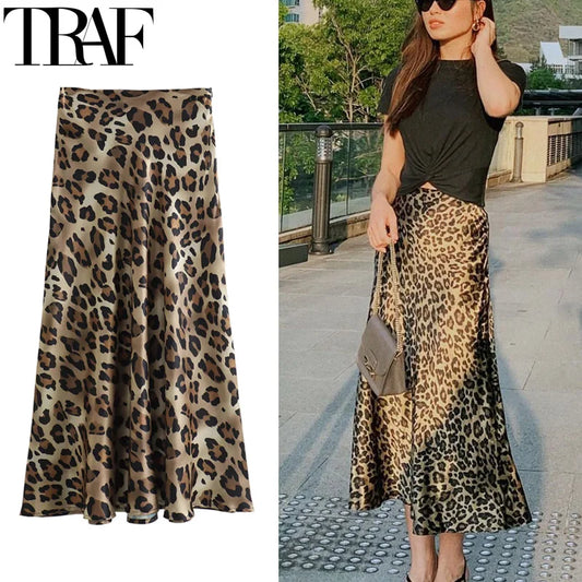 TRAF Leopard Print Women's Midi Skirt High Waist Stylish Long Skirts For Women Fall Vintage Satin Skirt Woman Elegant Skirts