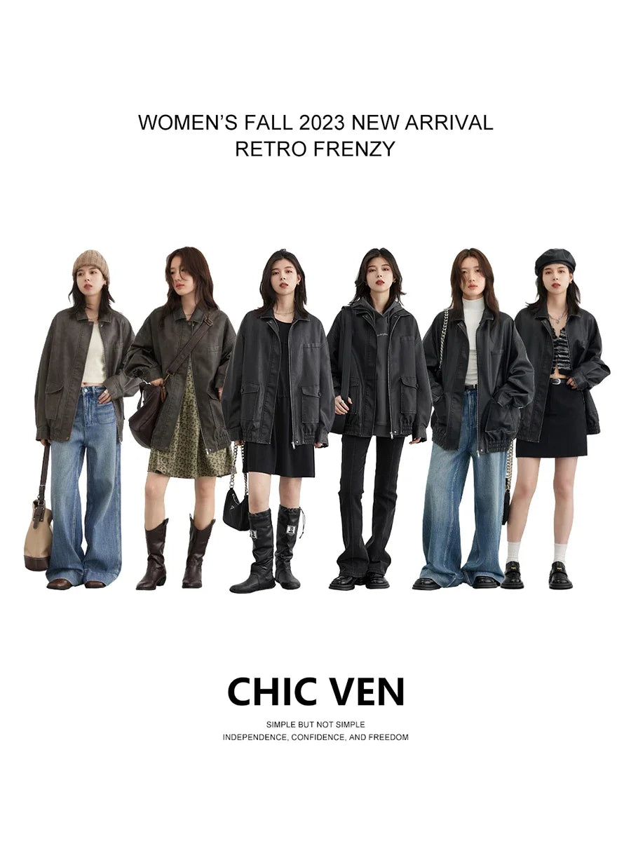 CHIC VEN Women Jackets New Vintage Washed Female Casual Coat Heavy Duty Ladies Jacket Streetwear Loose Autumn Spring 2024