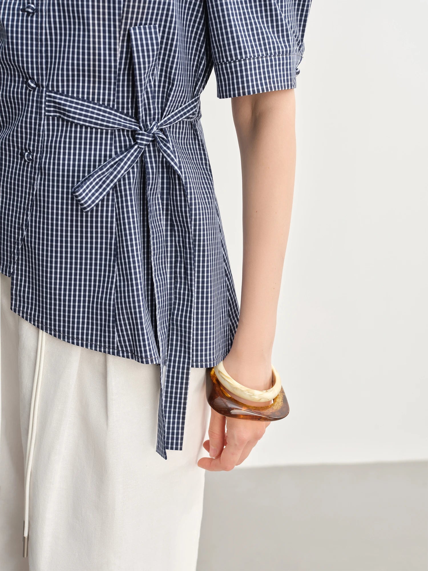 2025 Summer Women's Gingham Strappy Top - Adjustable Ties Short Sleeve Shirt with Flattering Silhouette & Design Details