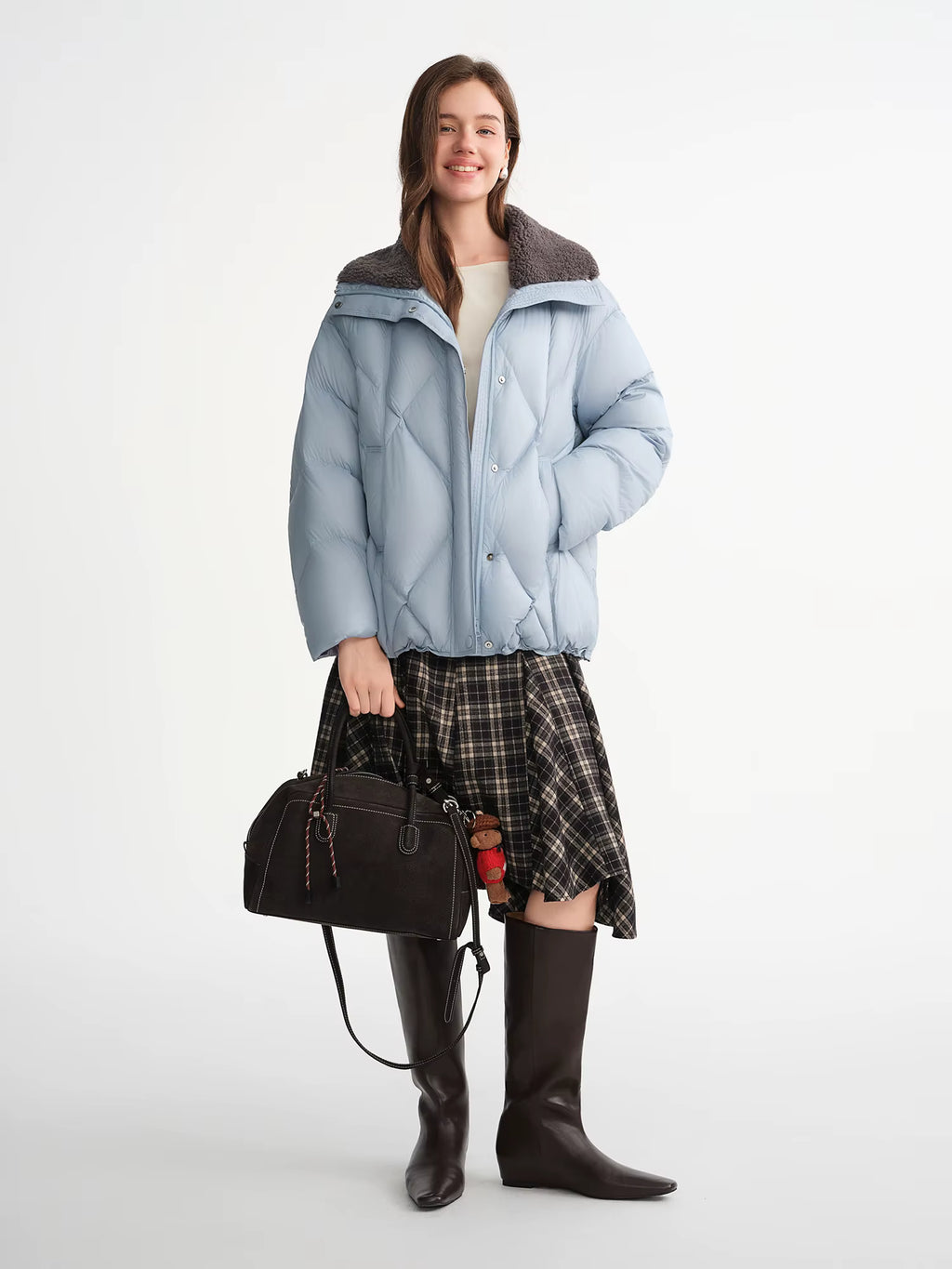 Furry Lapel Quilted White Duck Down Coats Women Casual Daily Retro Simple Loose Short Warm Coat Contrast Color Girlish BF