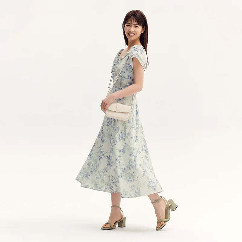 Semir Dress Women Square Neckline Ruffled Trim And Short Flutter Sleeve 2024 Summer New Fresh And Delicate Chiffon Floral Dress