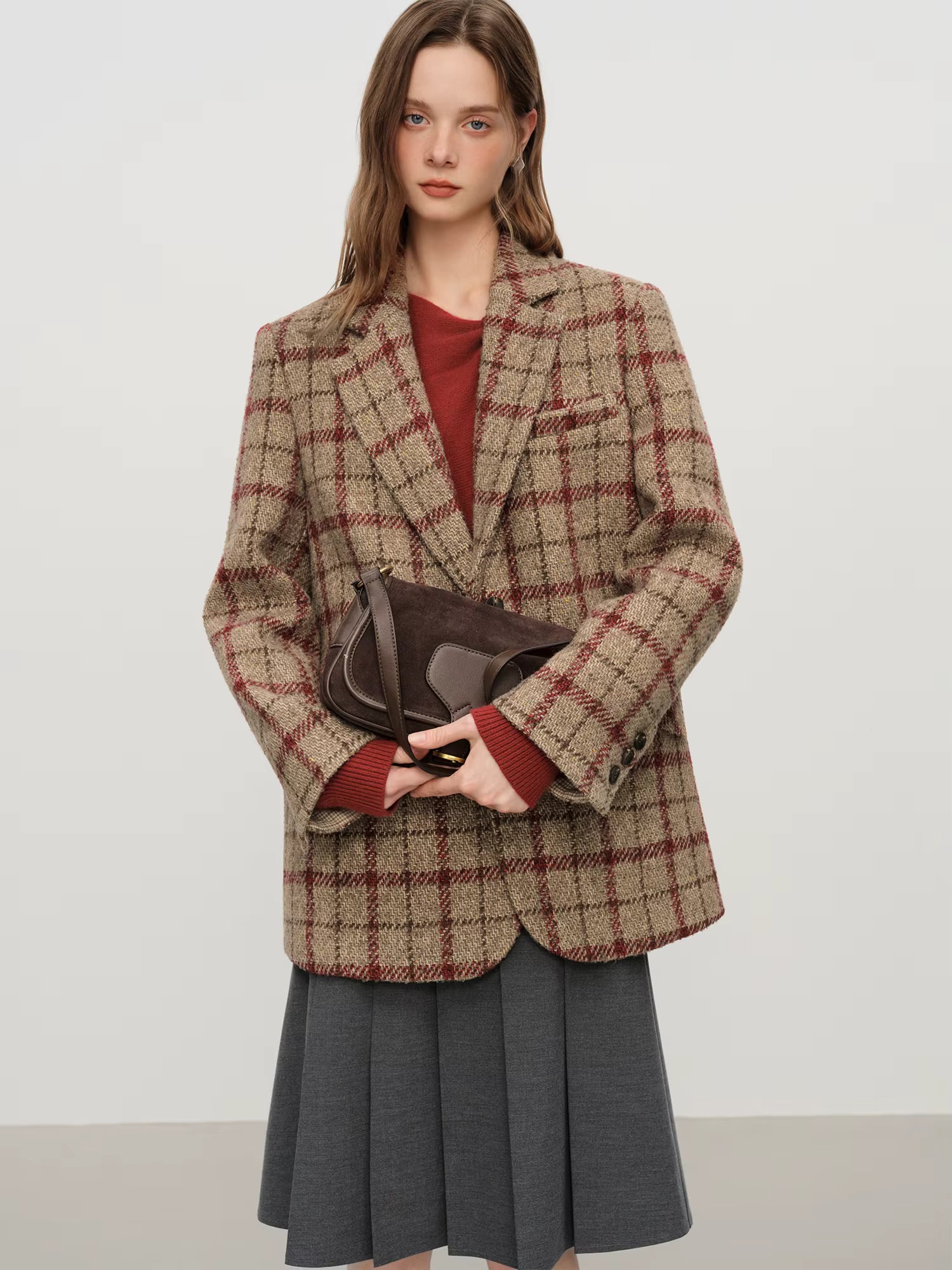 British Style Retro Check Wool Suit Jacket for Women Fall Winter 2025 New Arrival Short Coat Women Tow Color Tailored Coat