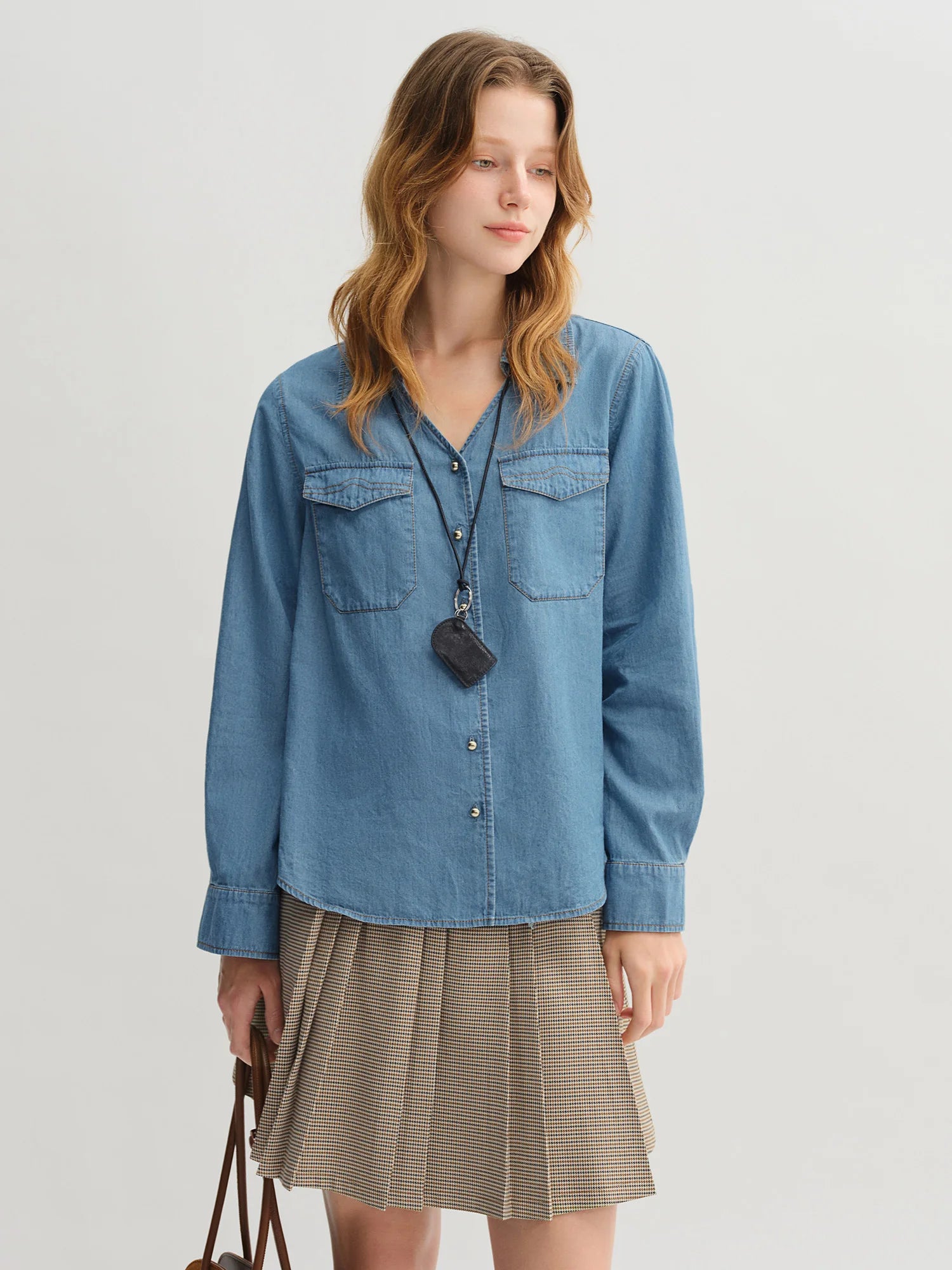 DUSHU Plus Size Double Collar Design Denim Shirt For Women 2025 New Arrival Autumn French Style Top