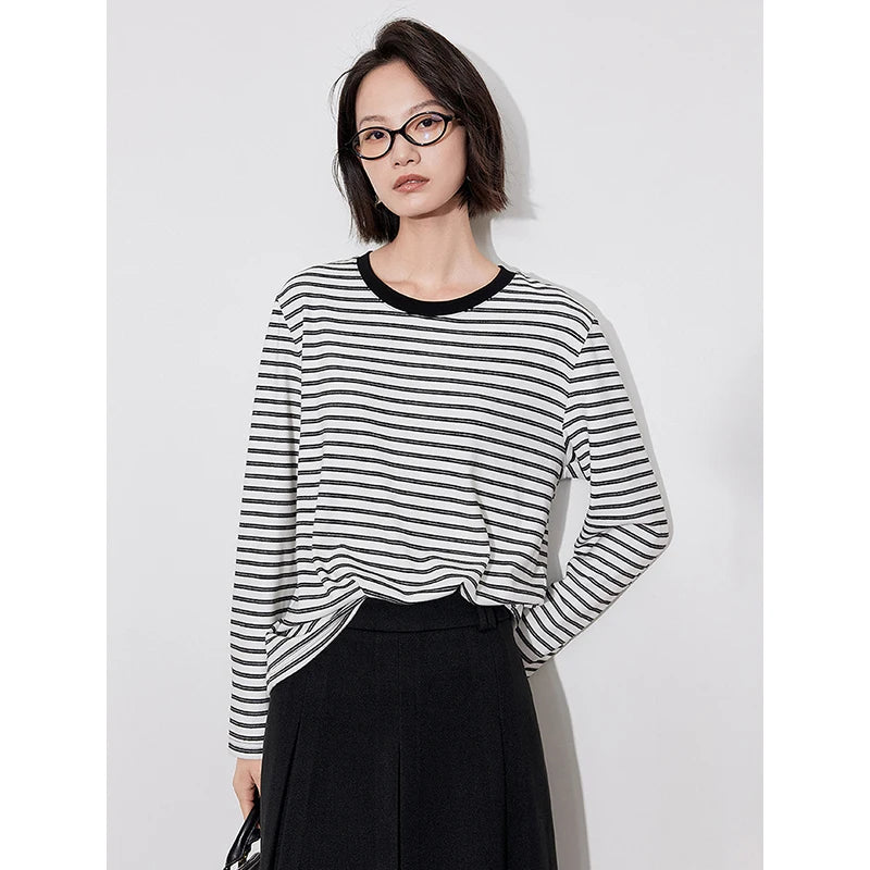 TOYOUTH Women Undercover 2024 Autumn Winter New Vintage Striped Round Neck Long Sleeve Warm T-shirt