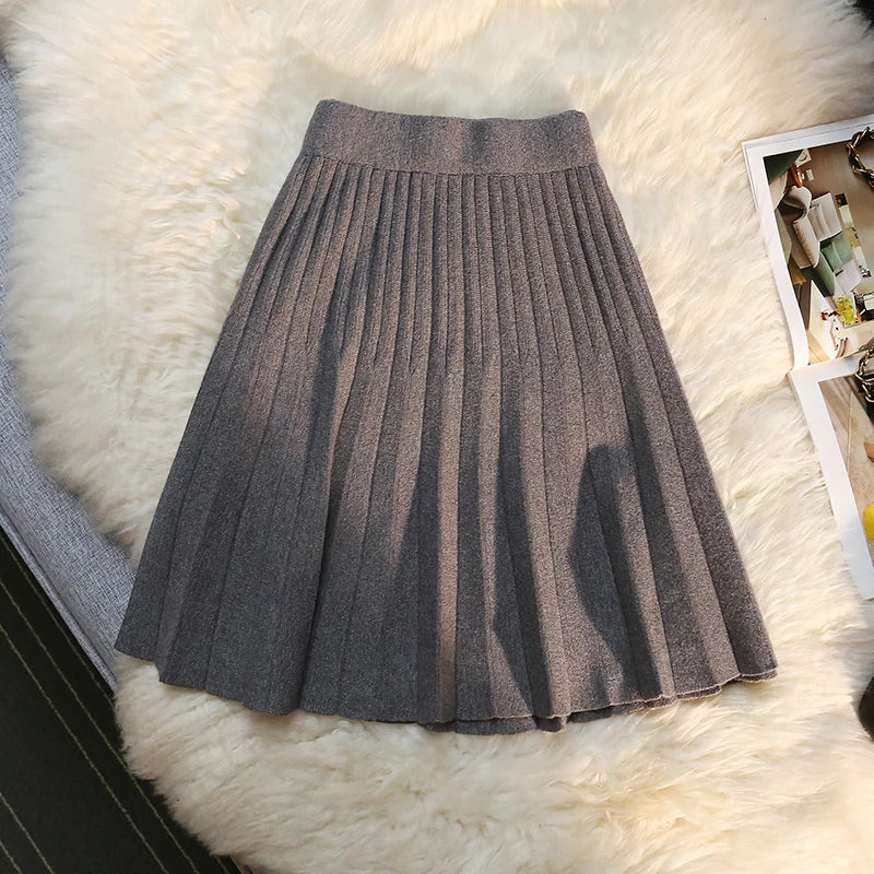 Autumn Winter Knitted Pleated Skirts Women's Elastic High Waist A-Line Umbrella Skirts Casual Sexy Slim Short Mini Skirts