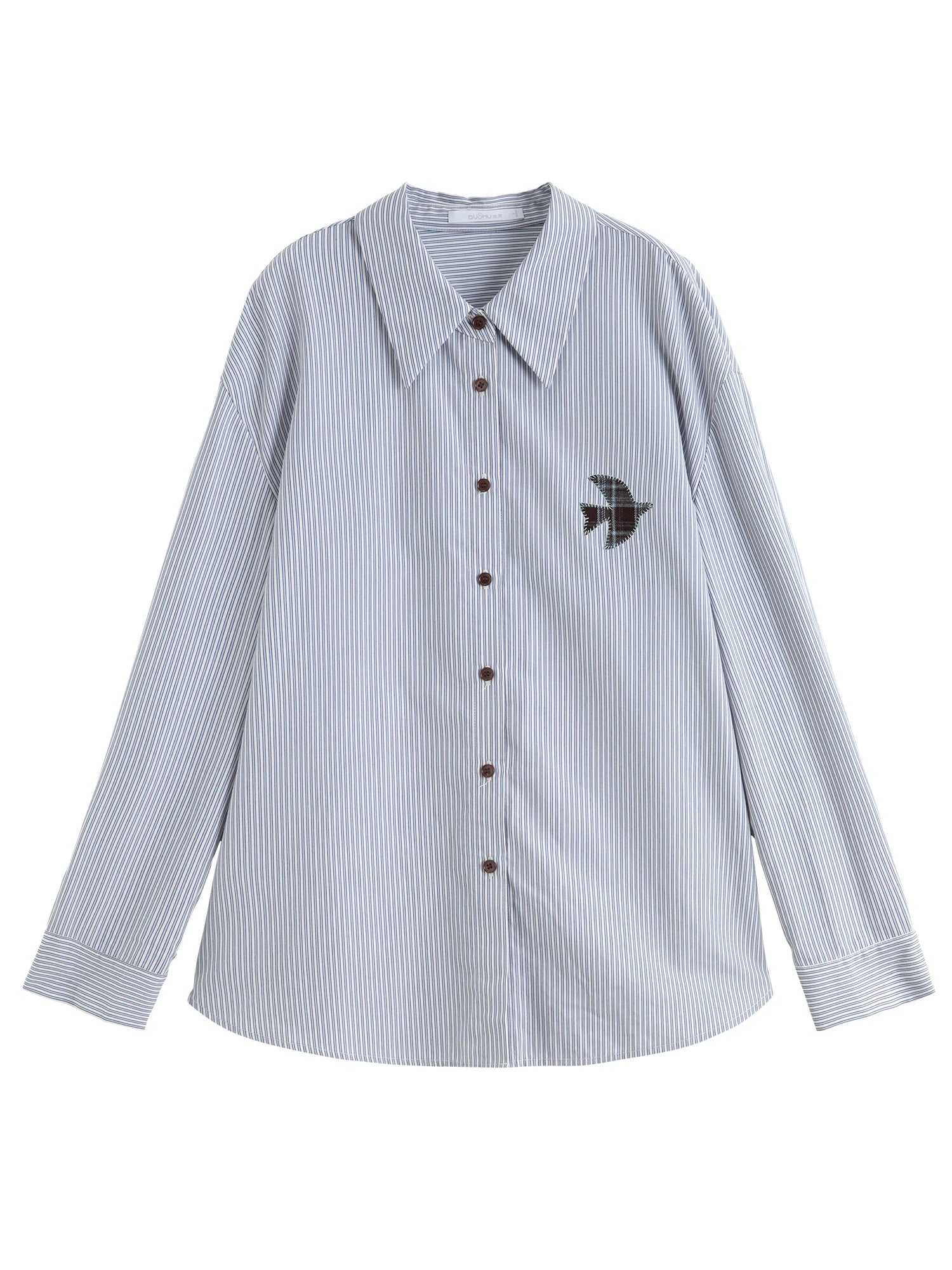 Plus-Size Women Fashion The Birds Artistic Checkered Applique Embroidery Stripe Shirt Winter 2025 Collection Women Shirt