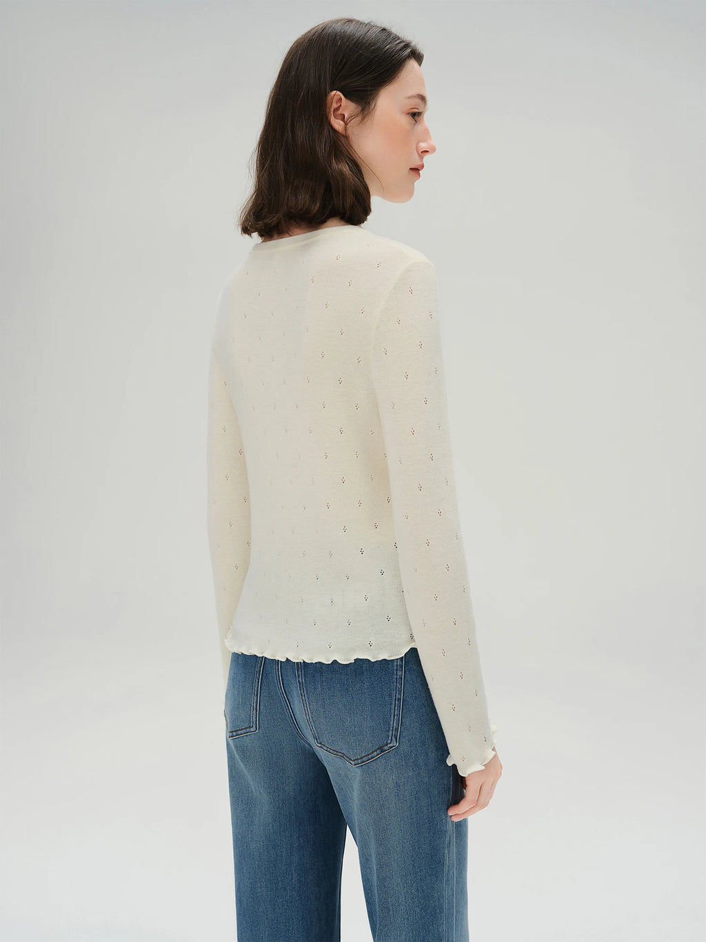 DUSHU Autumn 2025 Women's Round Neck Knit Top - Eyelet Trim Lace Edge Ribbed Texture Office Casual Blouse with Loose Fit