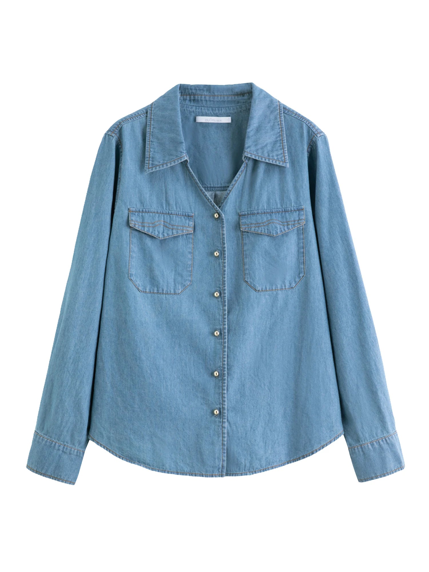 DUSHU Plus Size Double Collar Design Denim Shirt For Women 2025 New Arrival Autumn French Style Top
