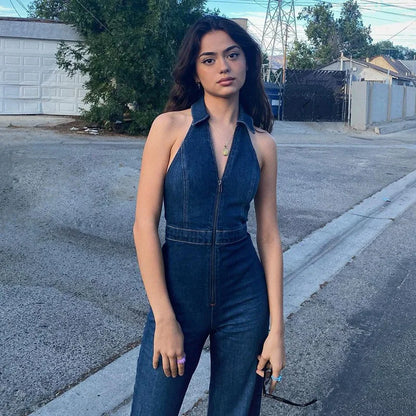 Women's sexy denim jumpsuit sleeveless V-collar slender zipper lapel tight denim jumpsuit sexy chic Y2K overalls wide-leg jeans